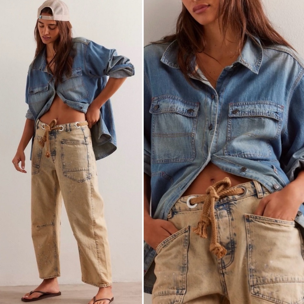 Free People Moxie Barrel Jeans Relaxed Baggy Slouchy Boho Festival Light Blue 31